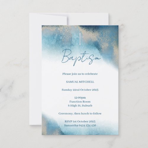 Baptism Boy Invitation Blue and Gold Watercolour Invitation