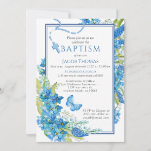 Baptism Boy Invitation Blue flower