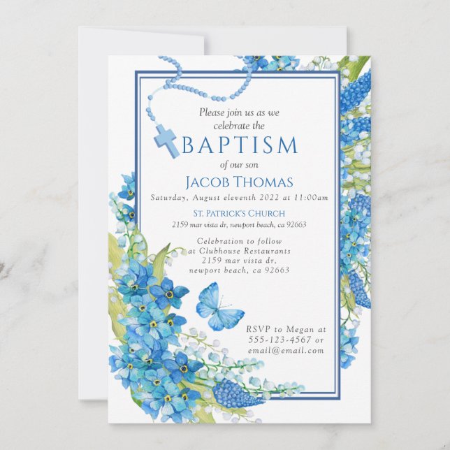 Baptism Boy Invitation Blue flower (Front)
