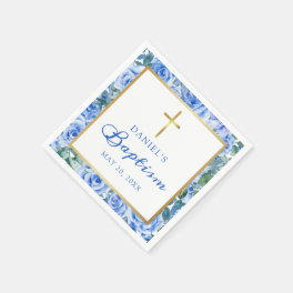 Baptism Boy Modern Rose Dusty Blue Watercolor Napkins