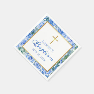 Baptism Boy Modern Rose Dusty Blue Watercolor Napkins