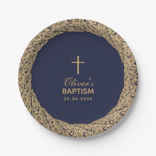 Baptism Boy Navy Blue Gold Roses Script Vintage Paper Plates