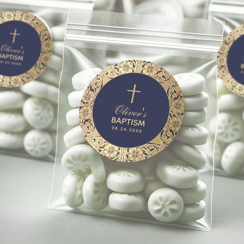 Baptism Boy Navy Blue Vintage Gold Roses Elegant Classic Round Sticker