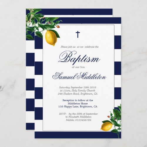 Baptism Boy Navy Stripes Lemons Silver Religious Invitation