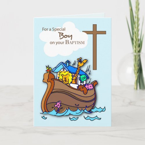 Baptism Boy Noahs Ark Cute Animals Card