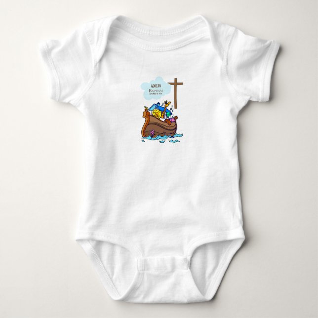 Baptism Boy Noah's Ark, Cute Animals Personalized Baby Bodysuit (Front)