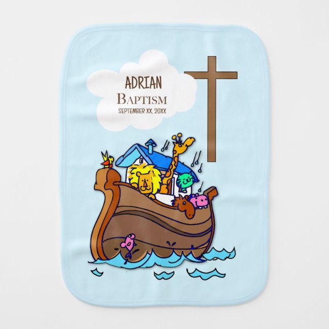 Baptism Boy Noah's Ark, Cute Animals Personalized Baby Burp Cloth (Front)