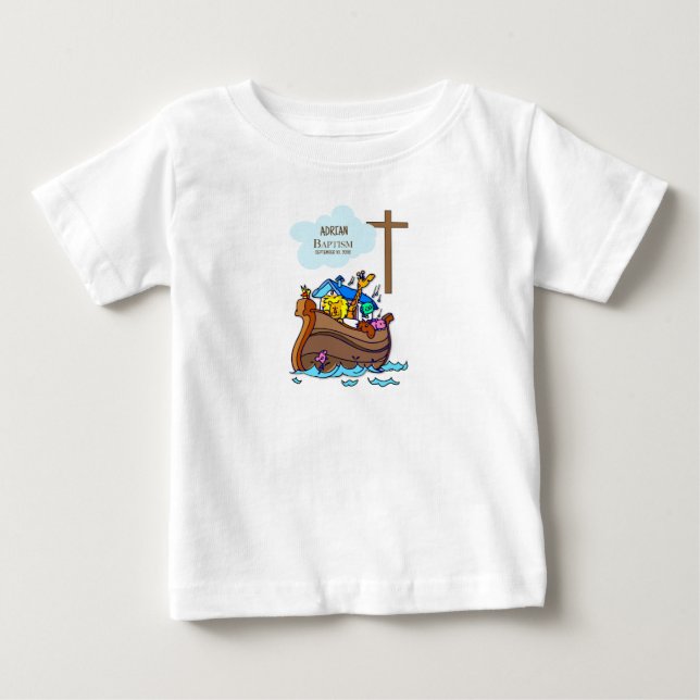 Baptism Boy Noah's Ark, Cute Animals Personalized Baby T-Shirt (Front)
