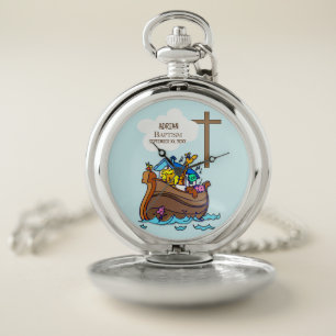 Baptism Boy Noah's Ark, Cute Animals Personalized Pocket Watch