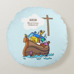Baptism Boy Noah's Ark, Cute Animals Personalized Round Pillow