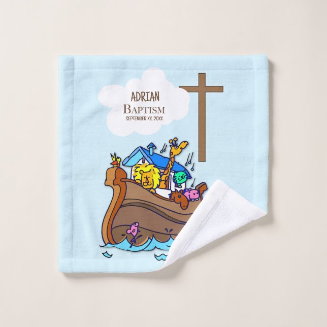 Baptism Boy Noah's Ark, Cute Animals Personalized Wash Cloth (Wash Cloth)