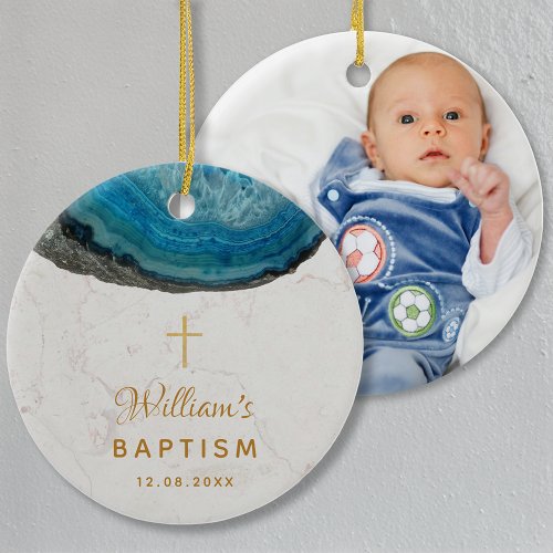 Baptism Boy Photo Blue Geode Marble Gold Cross Ceramic Ornament