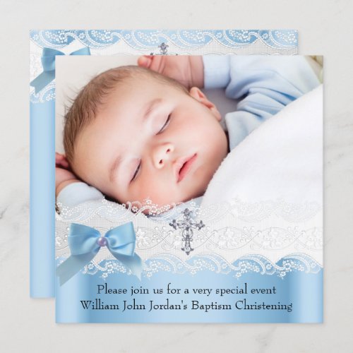 Baptism Boy Photo Blue White Lace Jewel Cross 2 Invitation