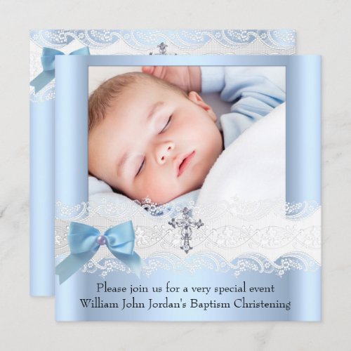 Baptism Boy Photo Blue White Lace Jewel Cross 3 Invitation