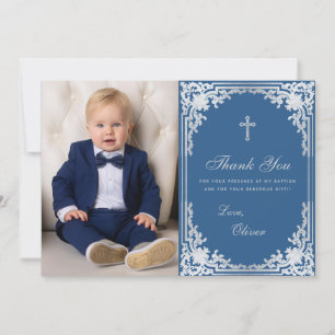 Baptism Boy Photo Classic Blue Vintage Elegant Thank You Card