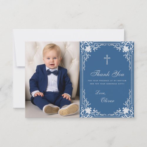 Baptism Boy Photo Classic Blue Vintage Elegant Thank You Card