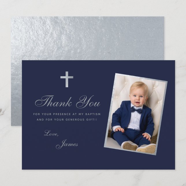 Baptism Boy Photo Faux Silver Navy Blue Script Thank You Card (Front/Back)