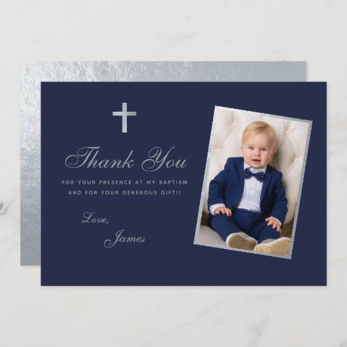 Baptism Boy Photo Faux Silver Navy Blue Script Thank You Card
