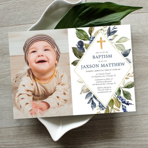 Baptism boy photo greenery blue green foliage invitation