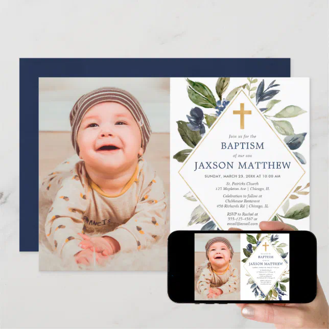 Baptism boy photo, greenery blue green foliage invitation | Zazzle