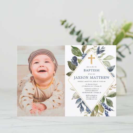 Baptism boy photo, greenery blue green foliage invitation | Zazzle