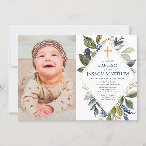 Baptism boy photo, greenery blue green foliage invitation | Zazzle