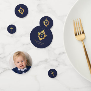 Baptism Boy Photo Navy Blue Faux Gold Cross Crest Confetti