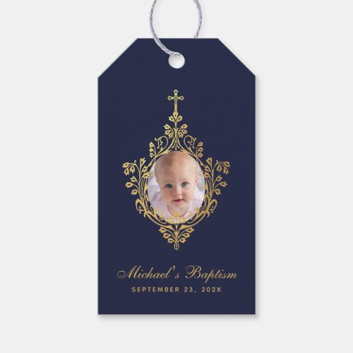   Baptism Boy Photo Navy Blue Vintage Faux Gold Gift Tags
