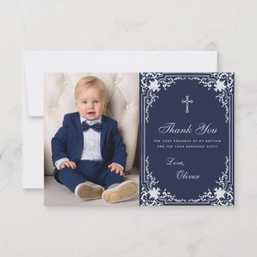Baptism Boy Photo Vintage Elegant Navy Blue Silver Thank You Card
