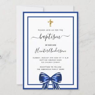 Baptism boy royal blue white bow script invitation