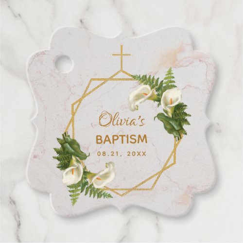 Baptism Calla Lilies Gold Marble Floral Geometric Favor Tags