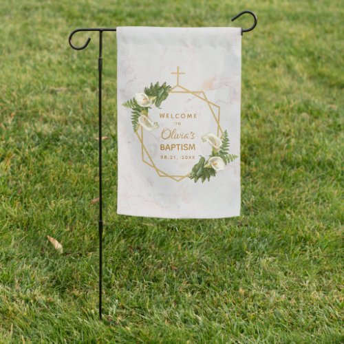 Baptism Calla Lilies Gold Marble Floral Geometric Garden Flag