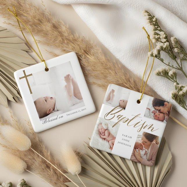 Baptism Calligraphy Photo Collage Baby Keepsake Ceramic Ornament (Baptism Calligraphy Photo Collage Baby Keepsake Ceramic Ornament)