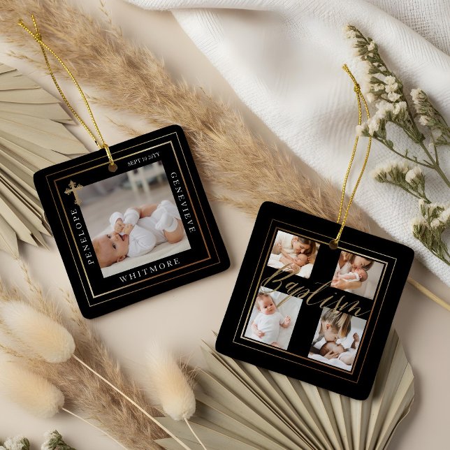 Baptism Calligraphy Photo Collage Black & Gold Ceramic Ornament (Baptism Calligraphy Photo Collage Black & Gold Ceramic Ornament)