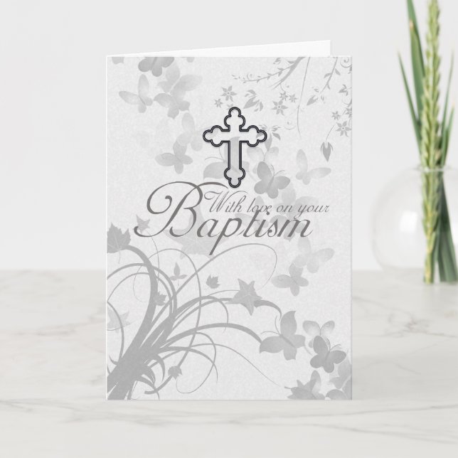 Baptism Card With Cross Flowers Butterflies (Front)