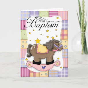 Baptism Card With Rocking Horse Pink