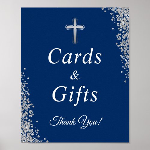 Baptism Cards  Gifts Silver Glitter Navy Blue Poster