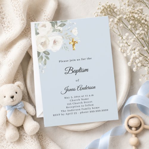 Baptism Celebration blue white florals boy Invitation