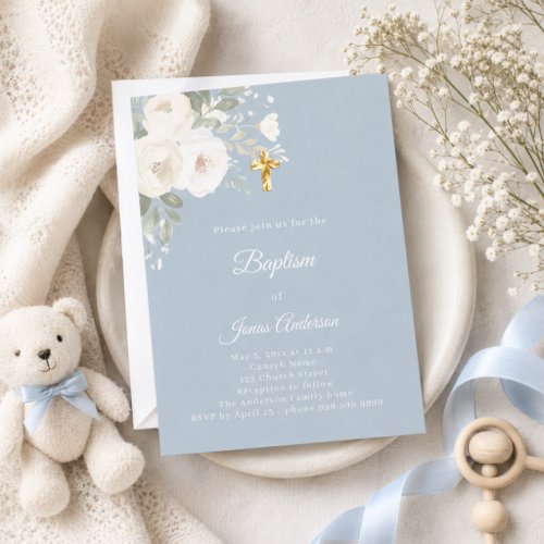 Baptism Celebration white florals dusty blue Invitation