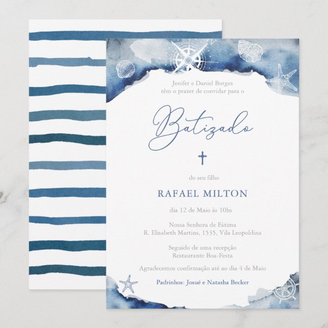 Baptism Ceremony for Boy in Portuguese Navy Blue Invitation (Front/Back)