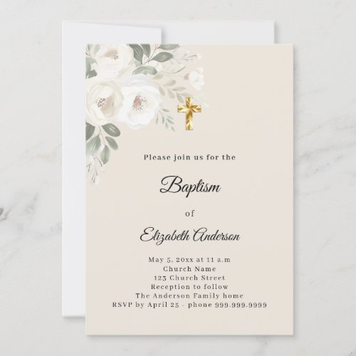 Baptism champagne white florals girl invitation