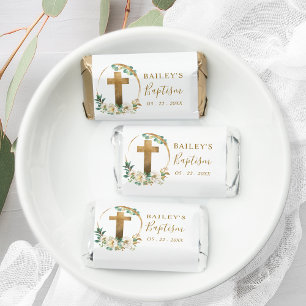 Baptism, Chic Gold Cross Greenery and White Floral Hershey's Miniatures