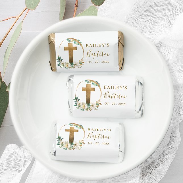 Baptism, Chic Gold Cross Greenery and White Floral Hershey's Miniatures (Creator Uploaded)
