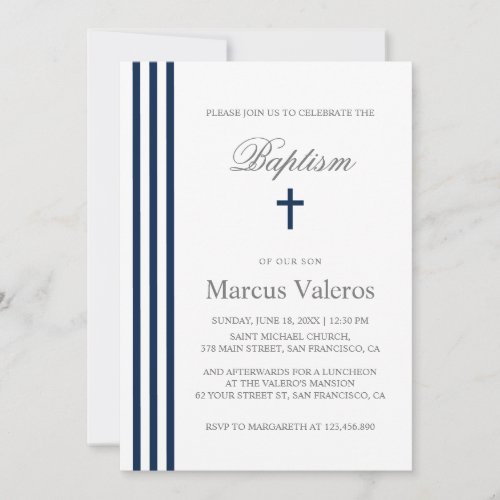 BAPTISM Chic Vertical Striped Navy Blue Cross  Invitation