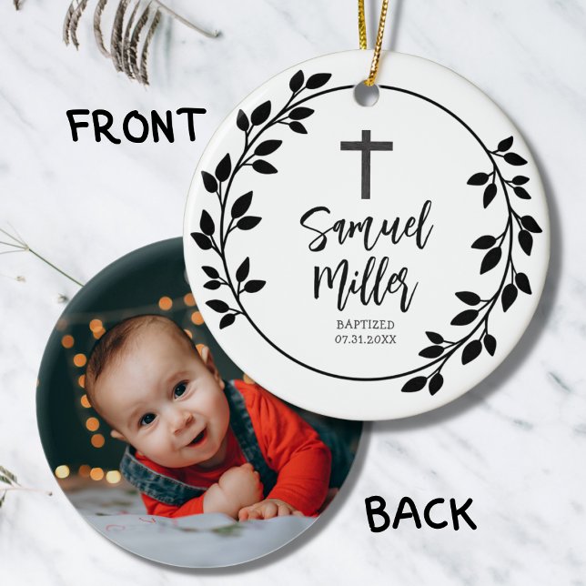 Baptism Christening Black Leaves Ceramic Ornament (Creator Uploaded)