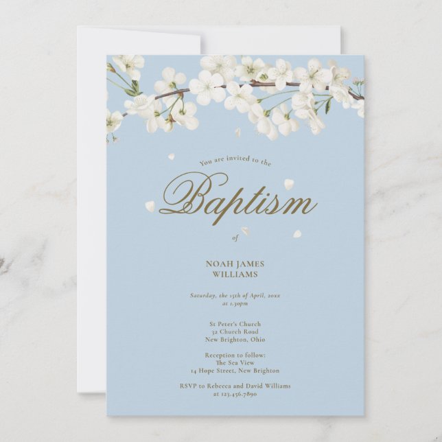 Baptism Christening Blossom Floral Elegant Blue Invitation (Front)