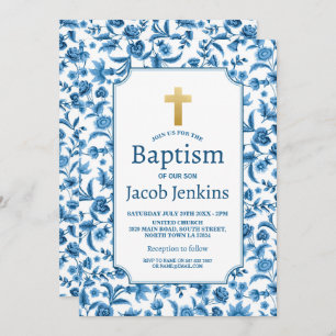 Baptism Christening Blue White Floral Gold Cross Invitation