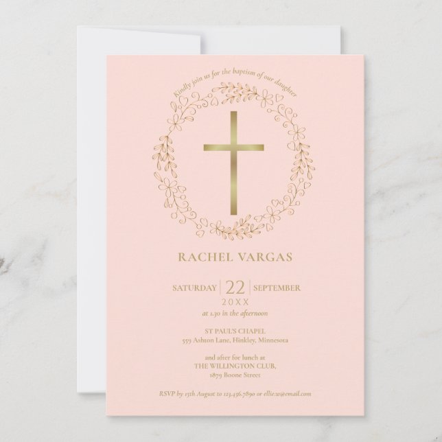 Baptism Christening Blush Pink Gold Cross Floral Invitation (Front)