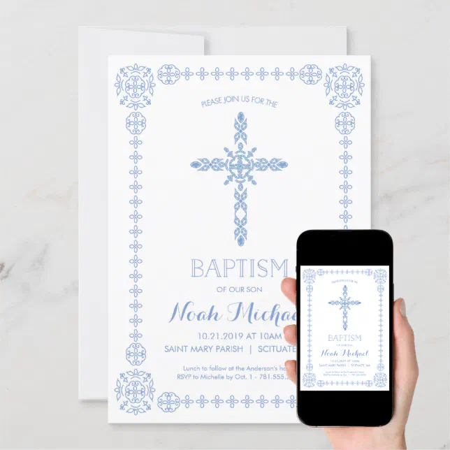 Baptism, Christening Boys Invitation Elegant Cross | Zazzle