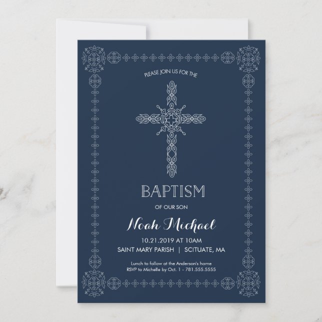 Baptism, Christening Boys Invitation Elegant Cross (Front)
